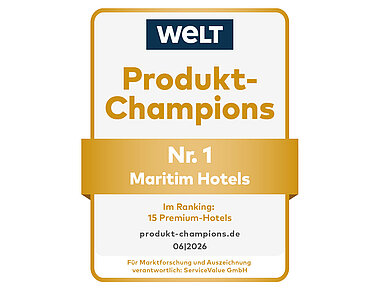 WELT Siegel "Produkt Champion" Siegel „WELT Produkt-Champions“ mit Auszeichnung „Nr. 1 Maritim Hotels“.