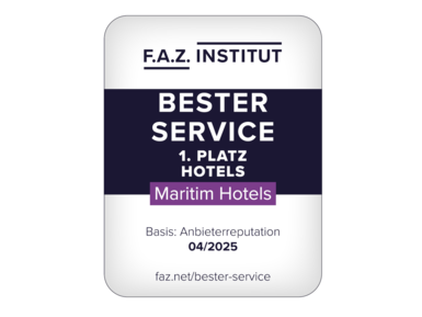Auszeichnung "Bester Service" 2025 für Maritim Hotels  FAZ-Siegel 1. Platz Bester Service für Maritim Hotels basierend auf Anbieterreputation im April 2025
