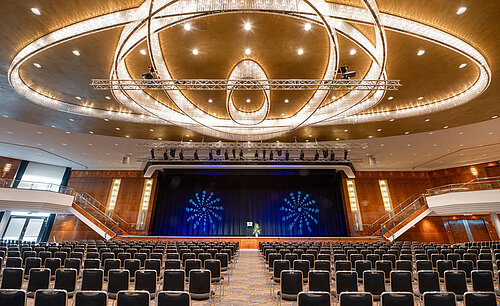 Saal Maritim Großer Festsaal mit Bühne und beeindruckendem Kronleuchter im Maritim Hotel Düsseldorf