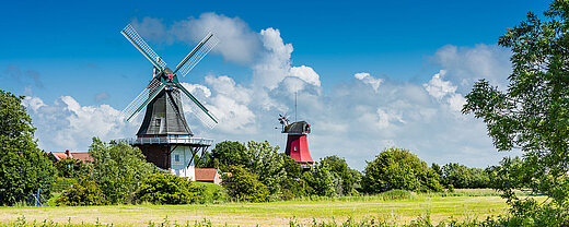 © majonit - AdobeStock.com Greetsieler Zwillingsmühlen in Ostfriesland