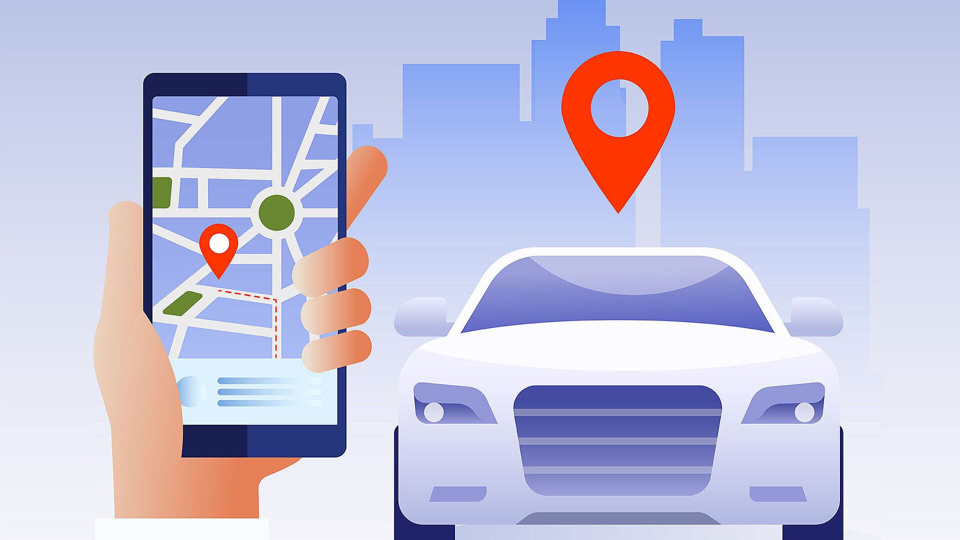 © Maria-AdobeStock.com Smartphone mit Navigations-App und Auto für Fahrt oder Abholung in der Stadt