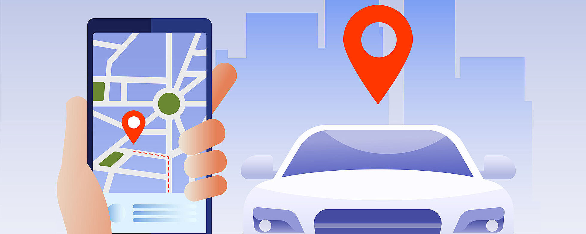 © Maria-AdobeStock.com Smartphone mit Navigations-App und Auto für Fahrt oder Abholung in der Stadt