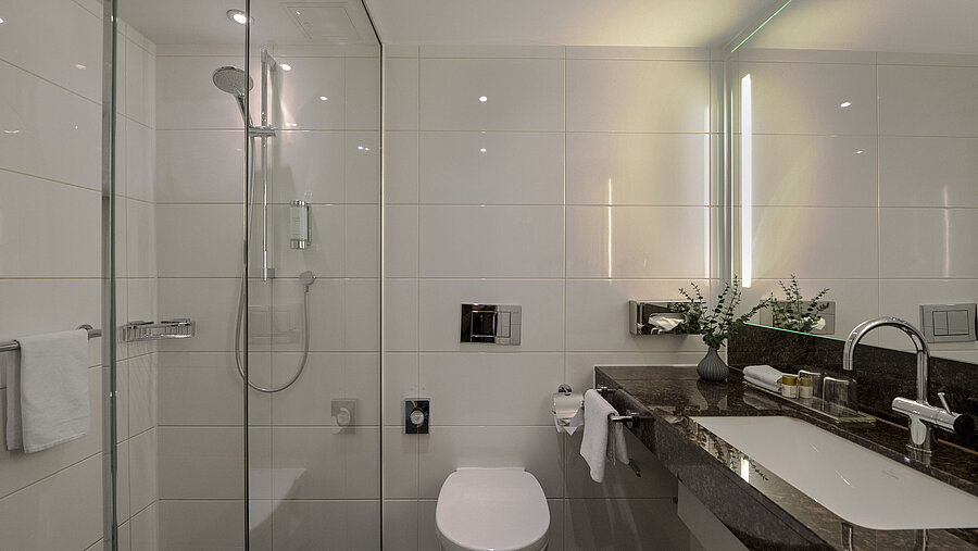Badezimmer Modernes Badezimmer im Maritim Hotel Darmstadt mit Glasdusche, eleganter Waschbeckenablage und stilvollen Details.