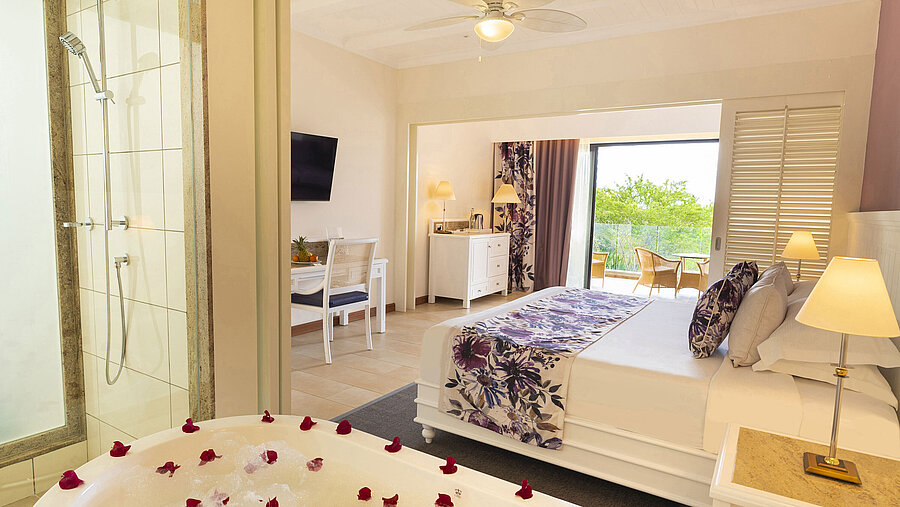 Junior Suite Helles Badezimmer mit freistehender Badewanne, Dusche und modernen Annehmlichkeiten