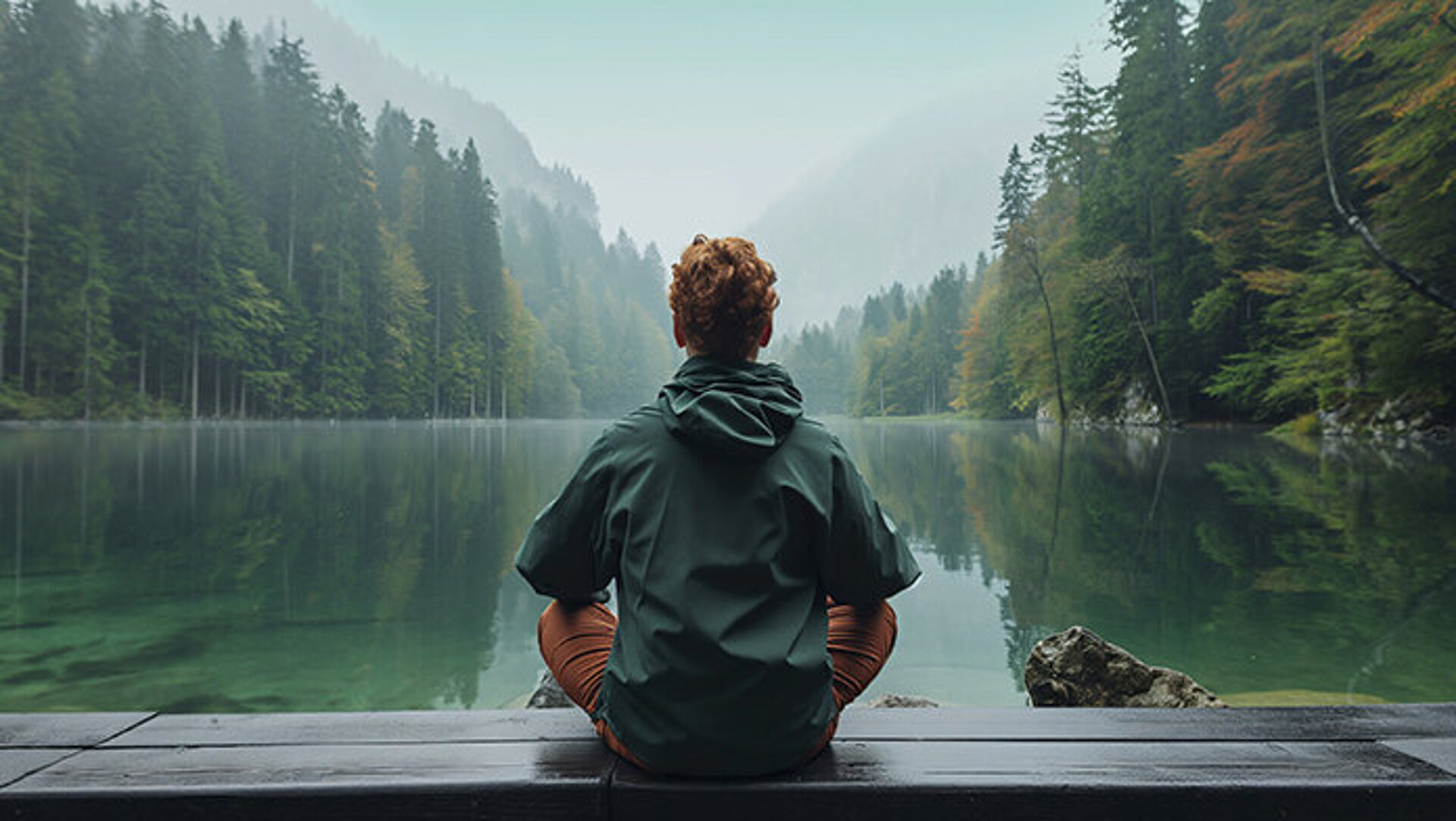 © Vasilina_FC-AdobeStock.com.jpg Person sitzt am See und blickt in die Natur – Ruhe, Entspannung und Achtsamkeit inmitten der Berge