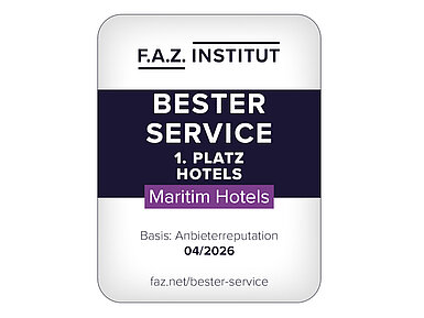 Auszeichnung "Bester Service" 2026 für Maritim Hotels FAZ-Siegel 1. Platz Bester Service für Maritim Hotels basierend auf Anbieterreputation im April 2026