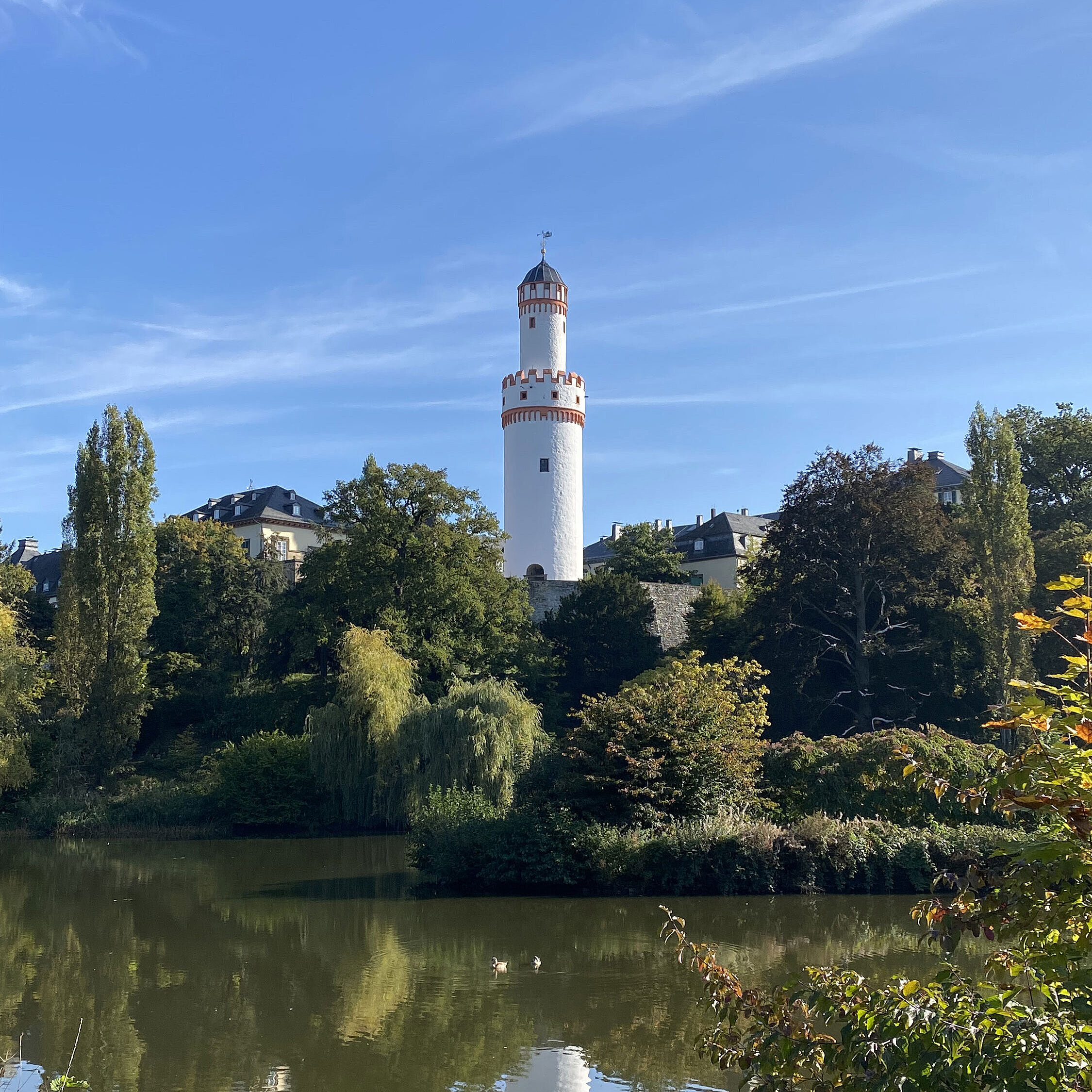 Bad Homburg Schloss Weißer Turm in Bad Homburg vor blauem Himmel und umgeben von grüner Natur.