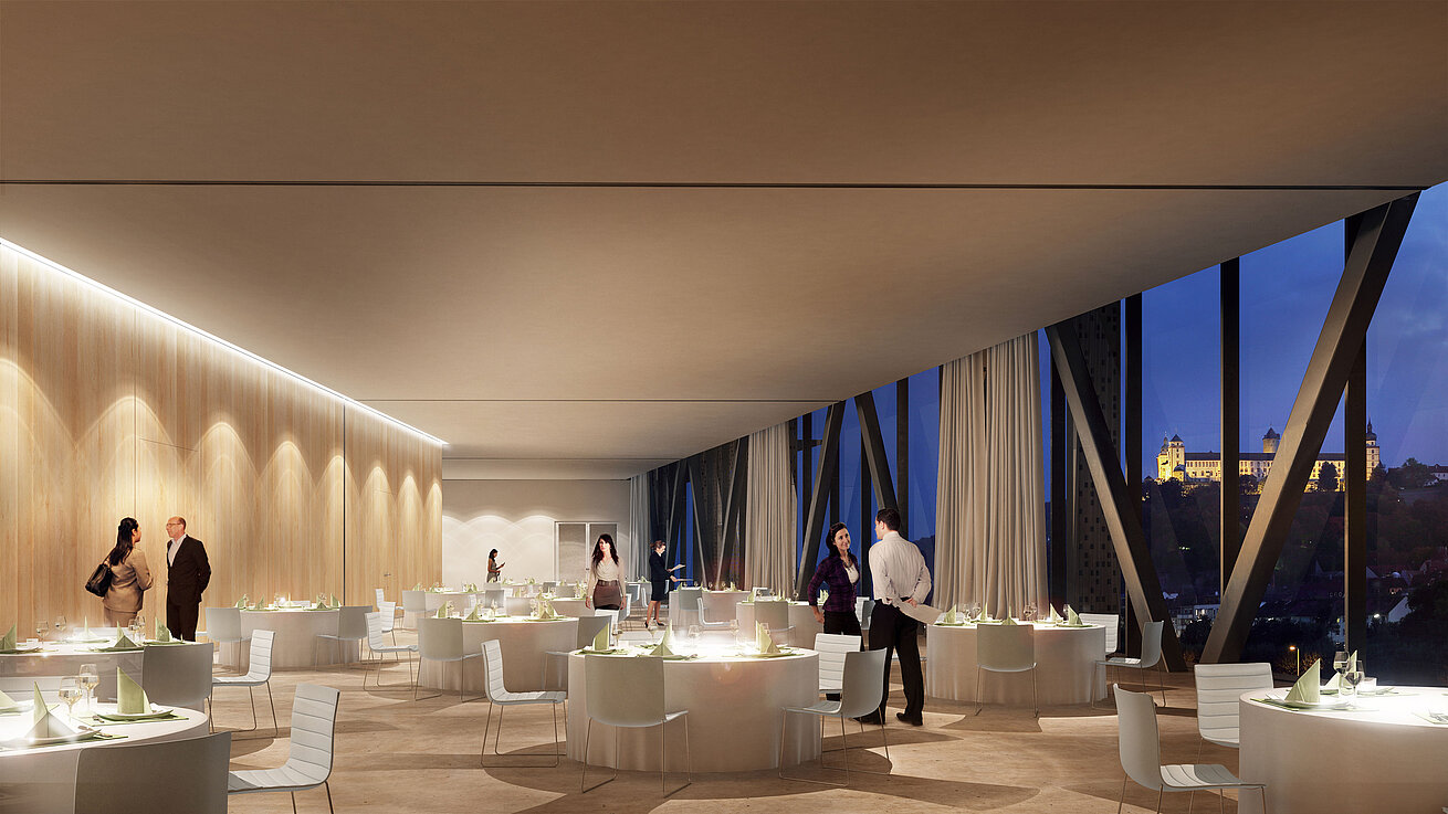 Konferenz in Würzburg Moderne Konferenz in Würzburg mit elegantem Veranstaltungsraum, gedeckten Tischen und Blick auf die Festung