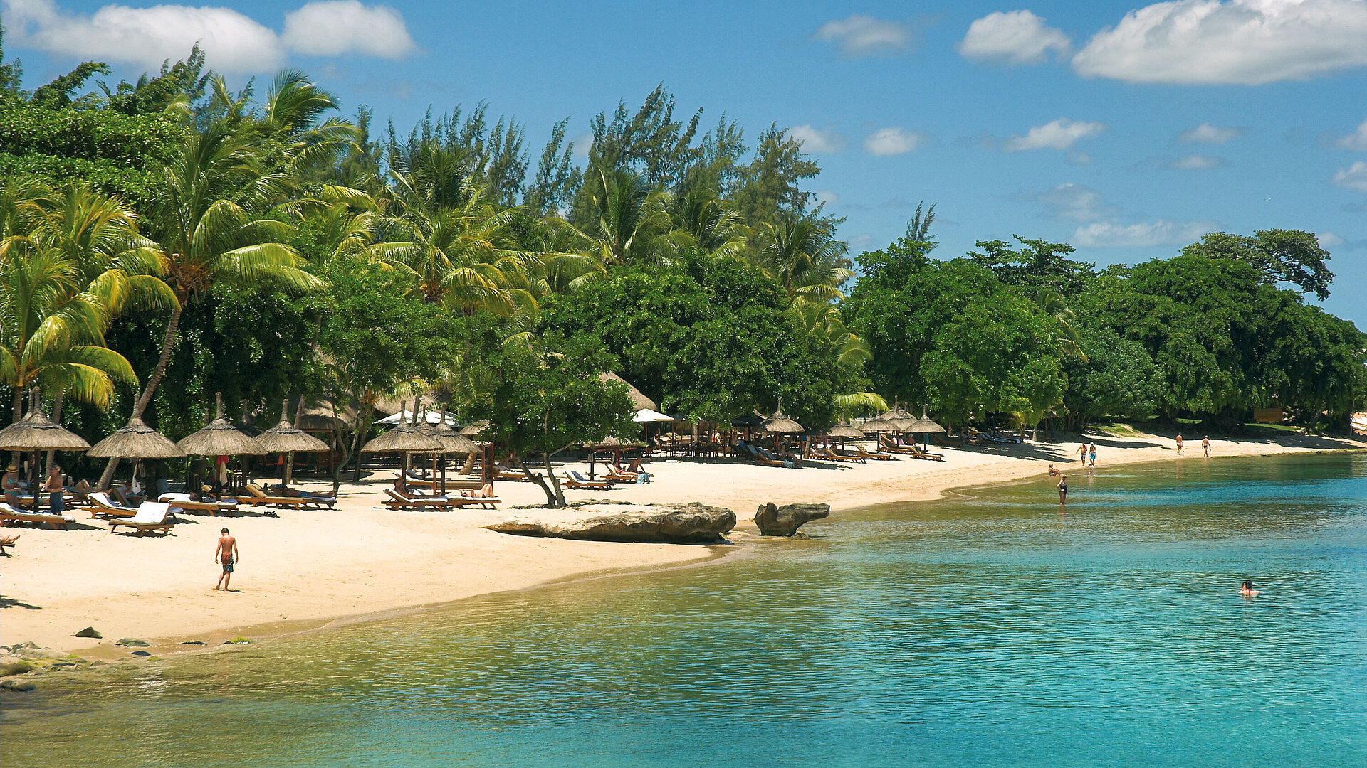Strand Tropischer Sandstrand mit Palmen und Liegen am türkisblauen Meer im Maritim Hotel Mauritius