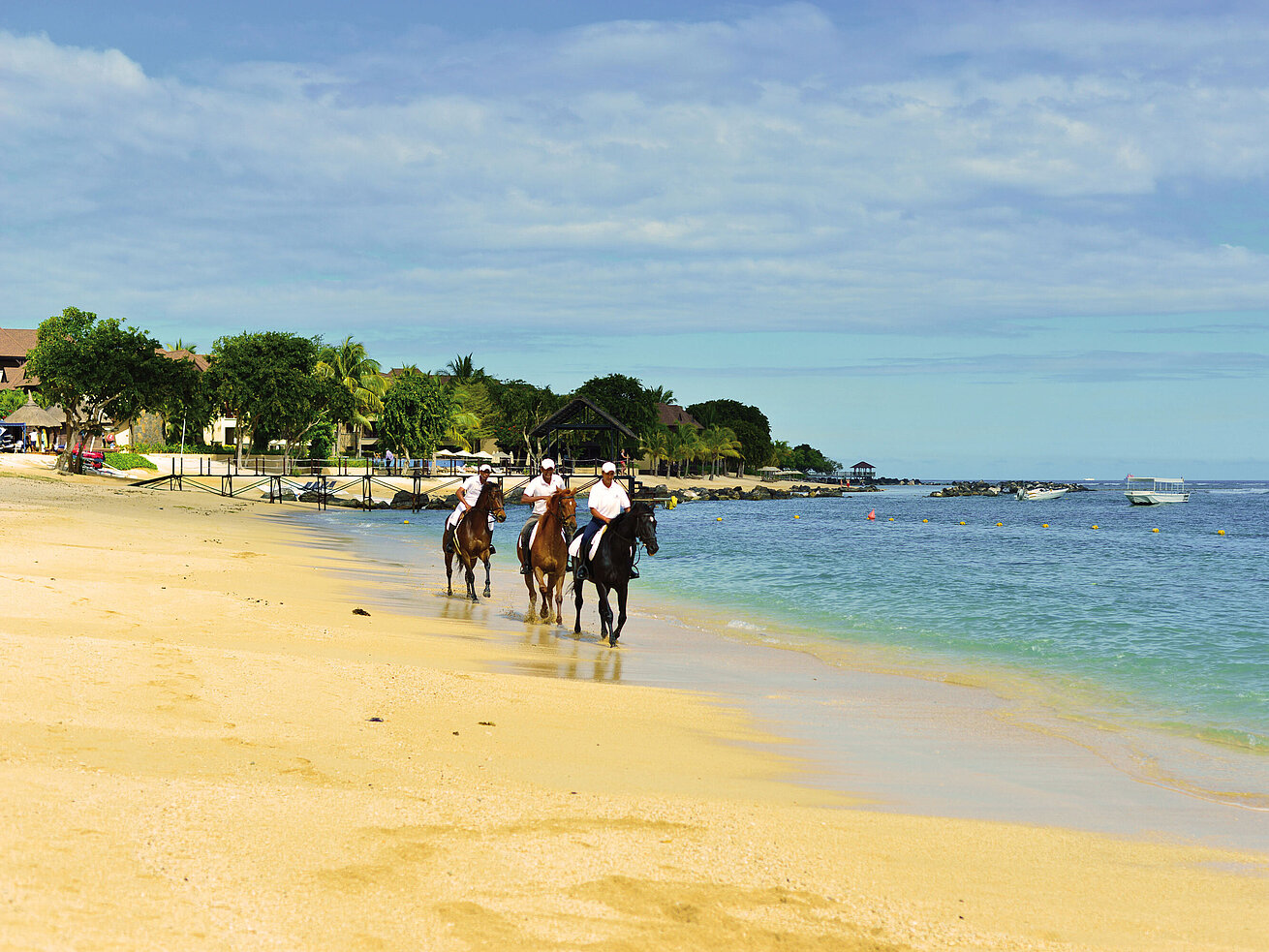 Reiten am Strand Reiter mit Pferden am Sandstrand entlang der Küste bei ruhigem Meer